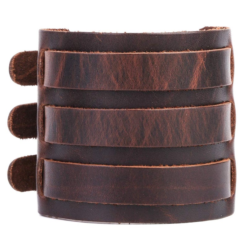 STWTR Men's leather broadband Cuff Bracelet guard wristband alloy fastening armor cuffs (Brown-2.7 inches wide) - Image 3